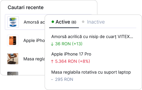 Căutări recente și alerte de preț active în PCMM